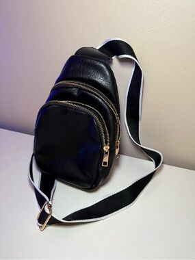 Black Leatherette Crossbody Sling Bag with Gold Zippers